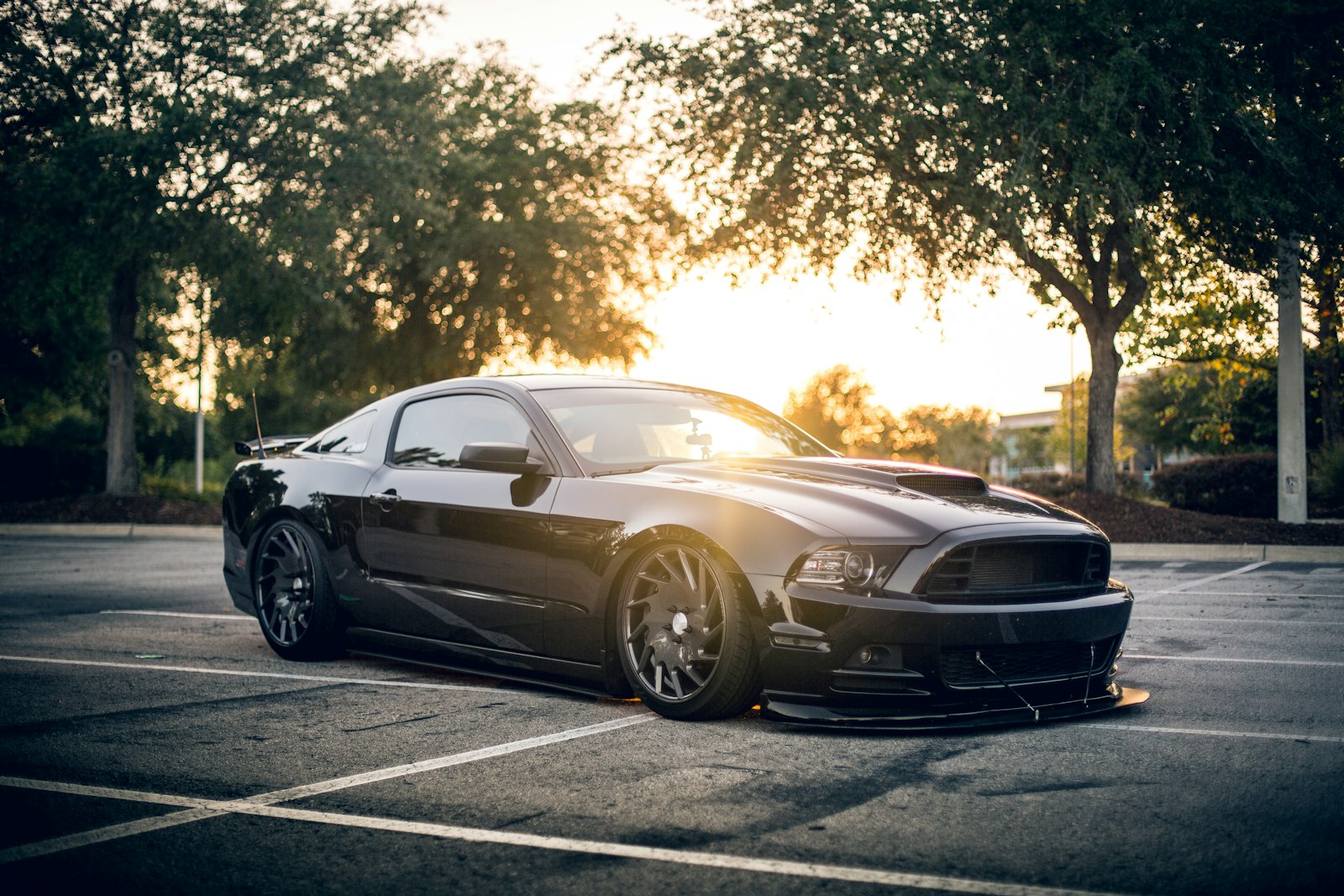 Czarny Mustang GT na parkingu aukcyjnym Copart w USA o zachodzie słońca — przed transportem do Polski przez Cars-World