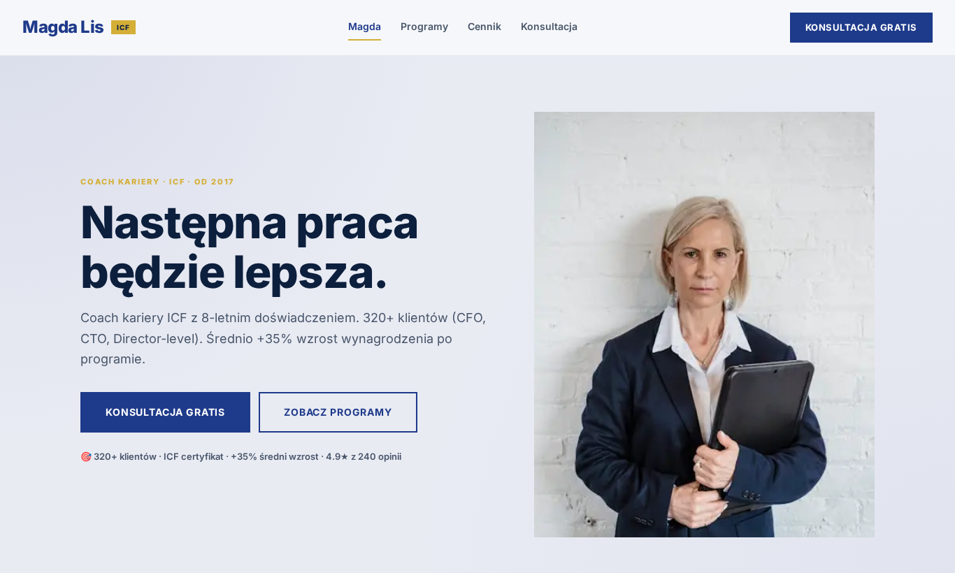 Career coach - hero z value proposition i konsultacja gratis CTA